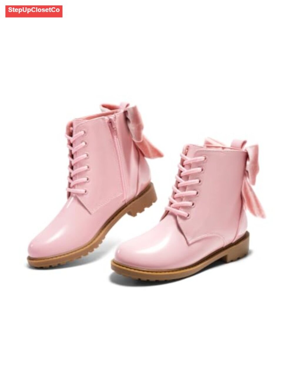 Girls Combat Ankle Boots Bow Lace Up Side Zipper Chunky Heel Faux Leather